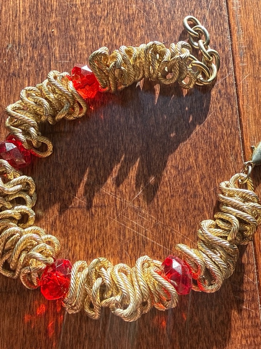 Gold-Tone Byzantine Rope Bracelet with Red Beaded accents- 7.5”